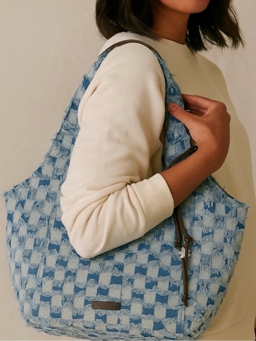 Lucky Brand Light Blue Woven Frayed Denim Shoulder Bag